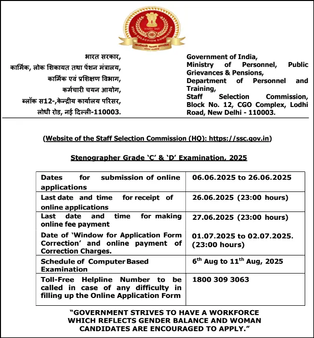 SSC Stenographer 2025 notification