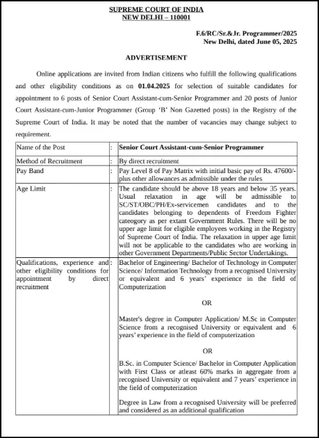 Supreme Court Recruitment 2025 notification